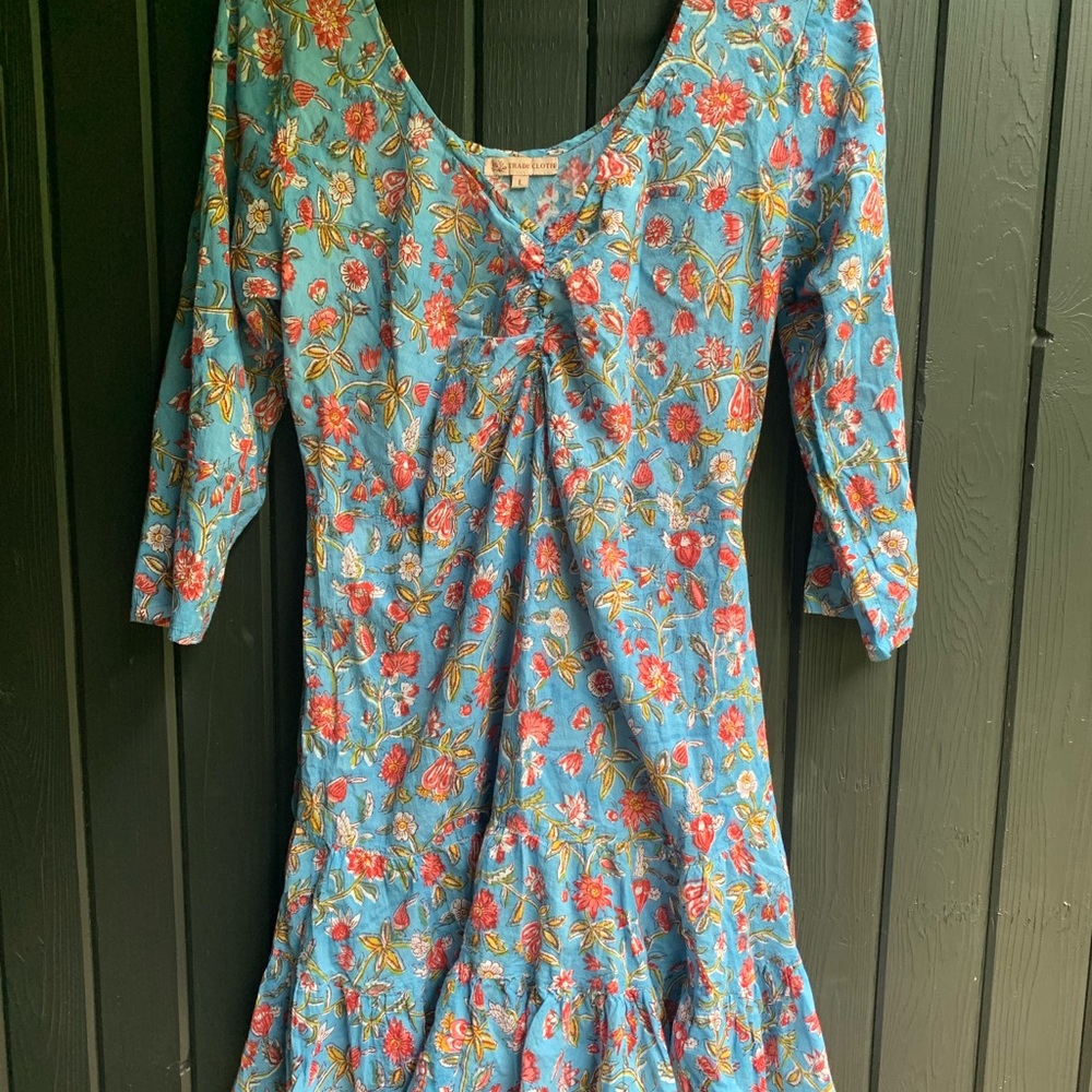 Trade Cloth Floral Blue Dress with Red Accents size L